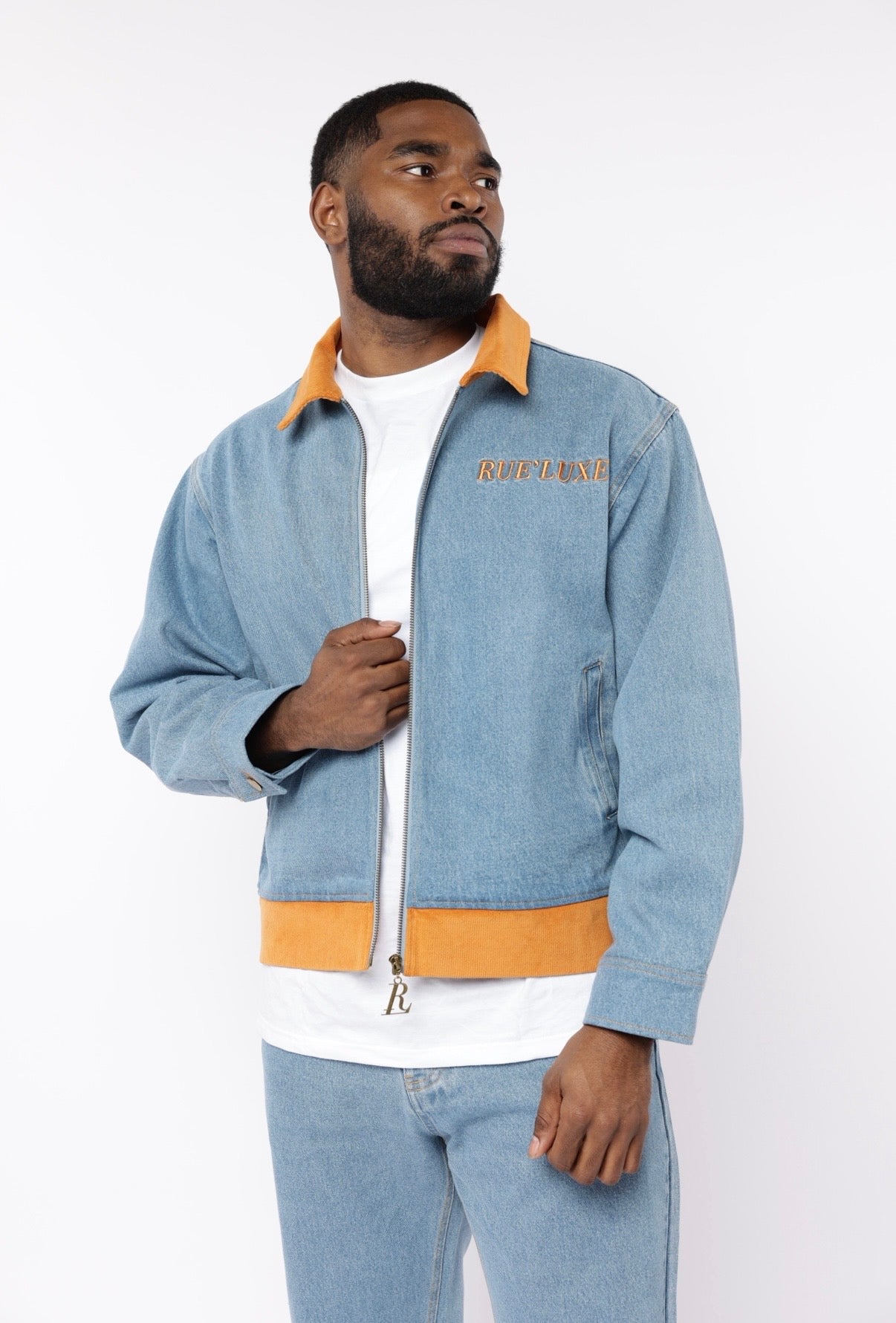 RUE’LUXE Premium Blue Denim Set. Jacket $150, Jeans $100