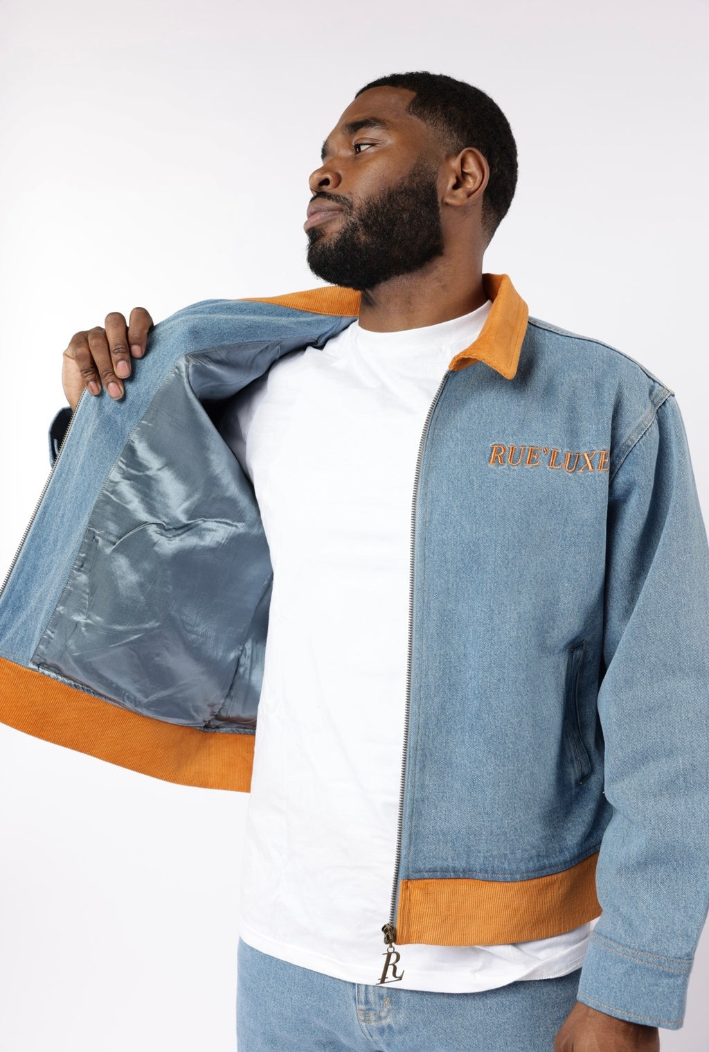 RUE’LUXE Premium Blue Denim Set. Jacket $150, Jeans $100