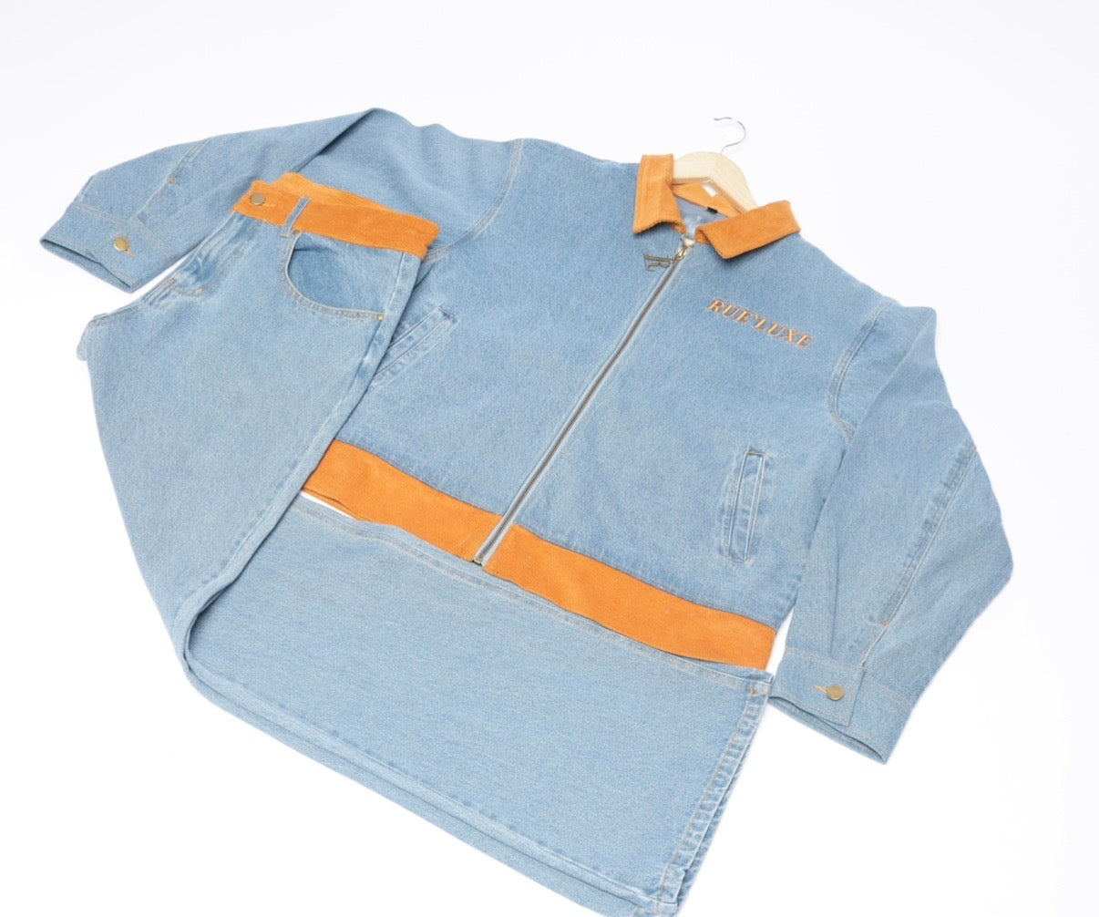 RUE’LUXE Premium Blue Denim Set. Jacket $150, Jeans $100