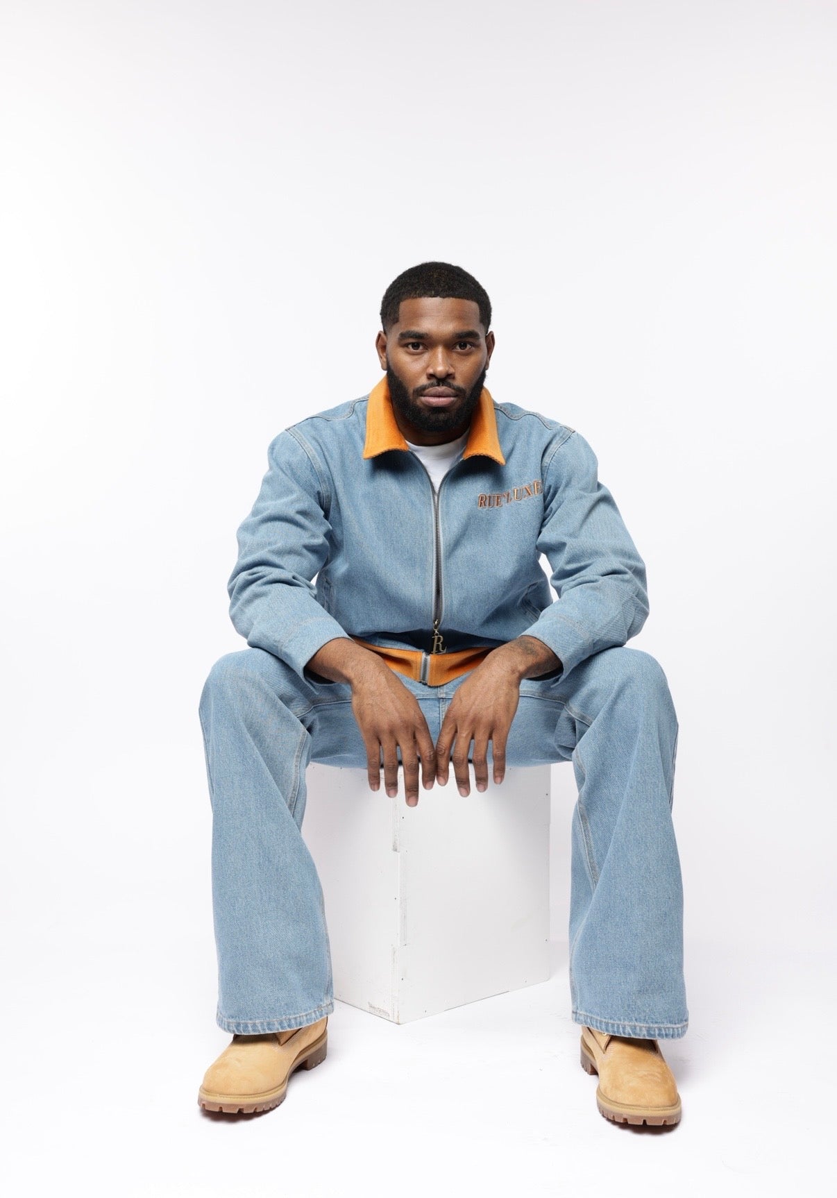 RUE’LUXE Premium Blue Denim Set. Jacket $150, Jeans $100