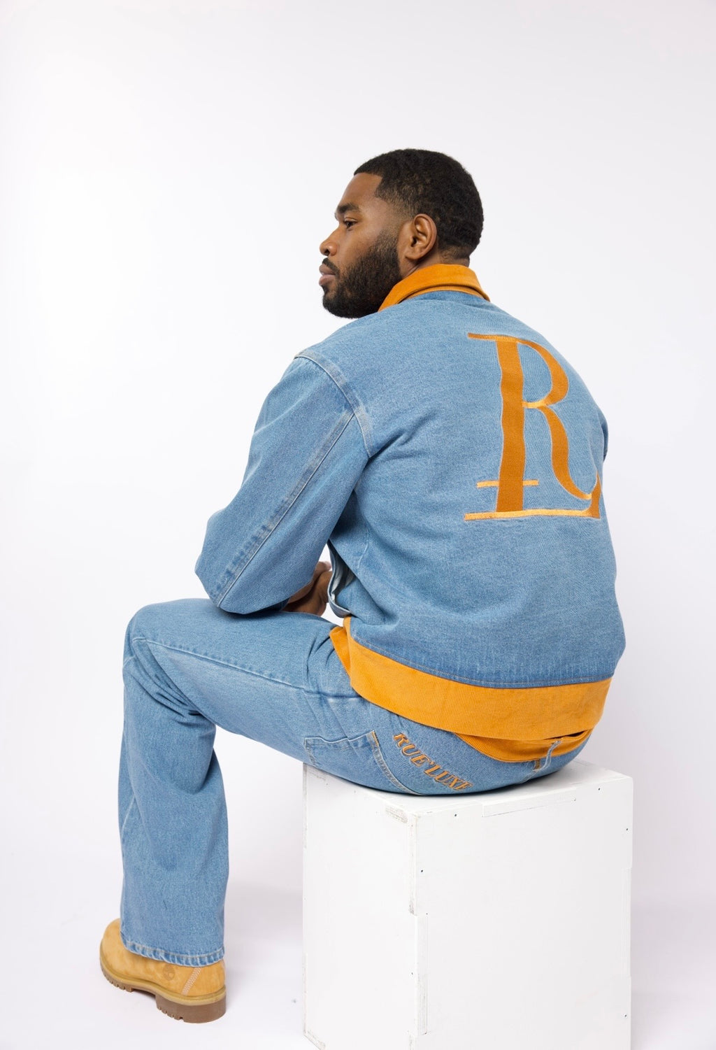 RUE’LUXE Premium Blue Denim Set. Jacket $150, Jeans $100