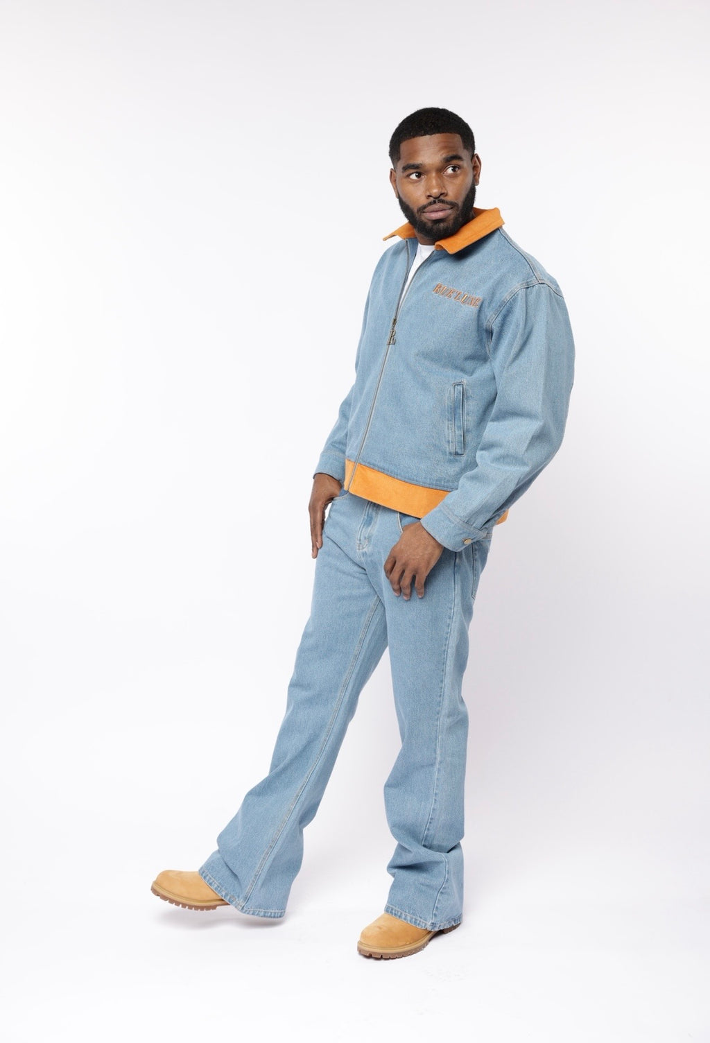 RUE’LUXE Premium Blue Denim Set. Jacket $150, Jeans $100