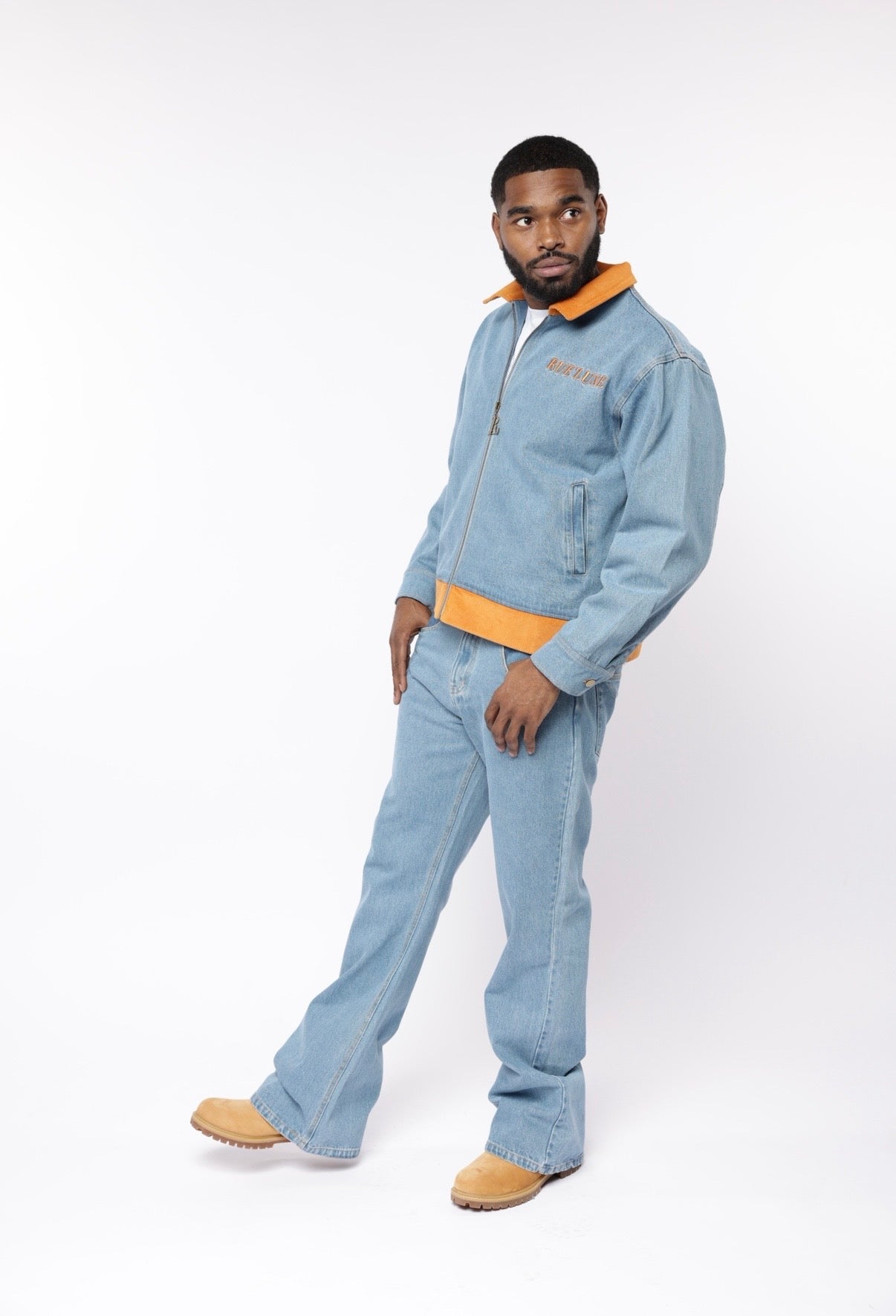 RUE’LUXE Premium Blue Denim Set. Jacket $150, Jeans $100